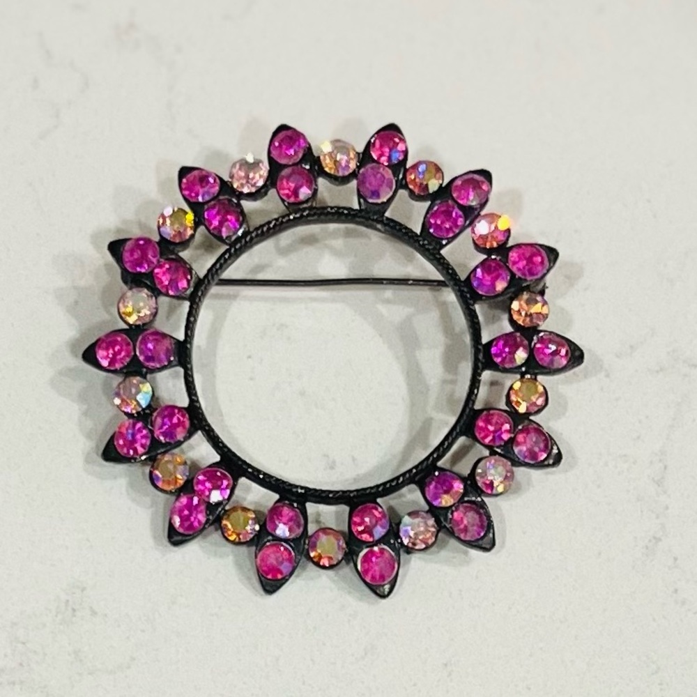 Vibrant Fuchsia & AB Rhinestone Gunmetal Circle Brooch